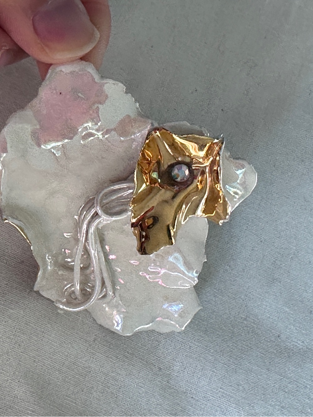 Vtg Oversize Amy Lacomb Signed pink Ceramic Floral Brooch 24k Gold  plated